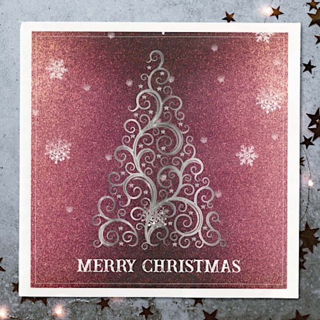 Christmas Tree Glitter and Snowflakes | Red Napkin (Red Christmas Tree Glitter and Snowflakes Napkins)