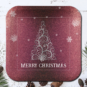 Christmas Tree Glitter and Snowflakes   Red Paper Plate