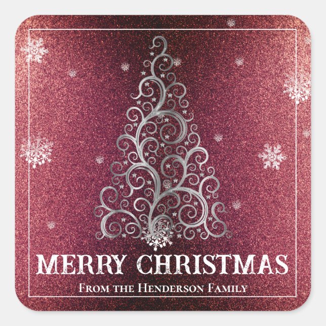 Christmas Tree Glitter and Snowflakes | Red Square Sticker (Front)