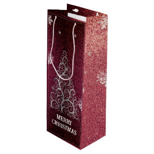 Christmas Tree Glitter and Snowflakes   Red Wine Gift Bag