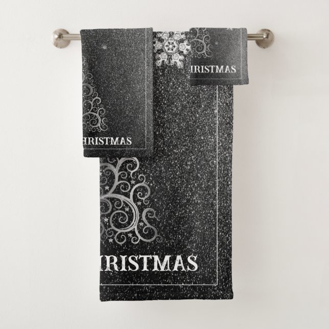 Christmas Tree Glitter and Snowflakes | Silver Bath Towel Set (Insitu)