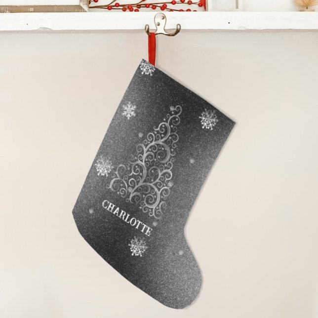Christmas Tree Glitter and Snowflakes | Silver Large Christmas Stocking (Silver Christmas Tree Glitter and Snowflakes Large Christmas Stocking)