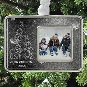 Christmas Tree Glitter and Snowflakes Silver Plated Framed Ornament