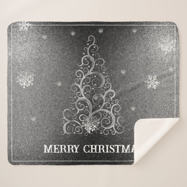 Christmas Tree Glitter and Snowflakes | Silver Sherpa Blanket (Front (Horizontal))