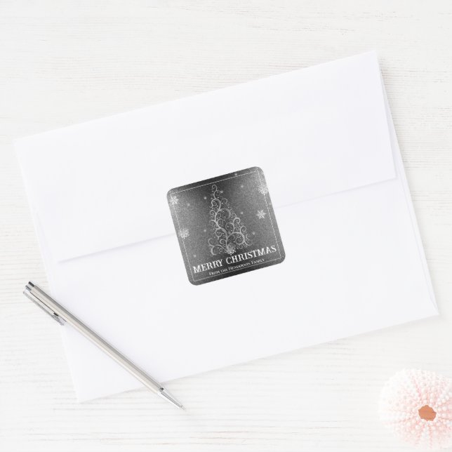 Christmas Tree Glitter and Snowflakes | Silver Square Sticker (Envelope)