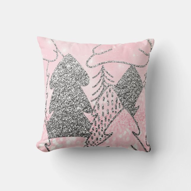 Christmas Tree Glitter Silver Grey Winter Pink Cushion (Front)