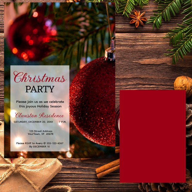 Christmas Tree, Glittery Red Ornaments Xmas Party Invitation (Creator Uploaded)