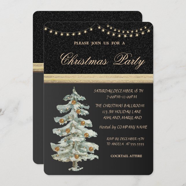 Christmas Tree,Gold Balls,Black,Christmas Party Invitation (Front/Back)