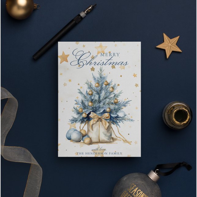 Christmas Tree Gold Blue Calligraphy Watercolor  Holiday Card (Creator Uploaded)