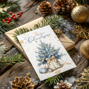 Christmas Tree Gold Blue Calligraphy Watercolor Holiday Card