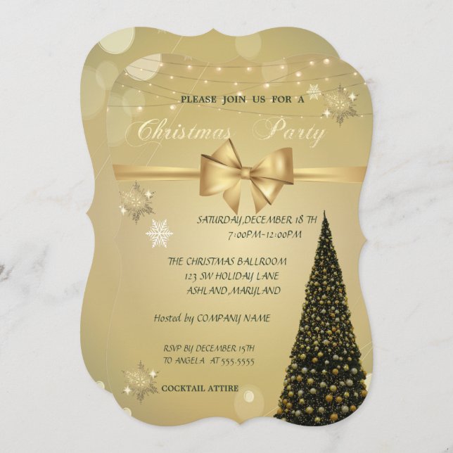 Christmas Tree,Gold Bow,Company Christmas Party Invitation (Front/Back)
