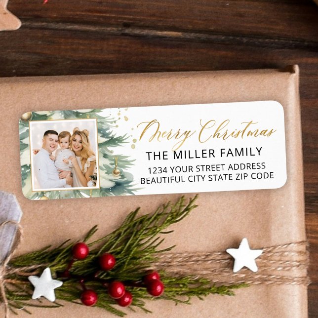 Christmas Tree Gold Script Photo Return Address (Creator Uploaded)