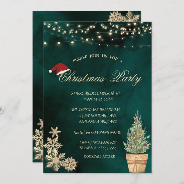Christmas Tree,Gold Snowflakes Christmas Party Invitation (Front/Back)