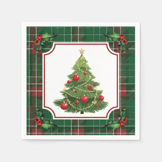Christmas Tree Green Plaid with Holly Napkin