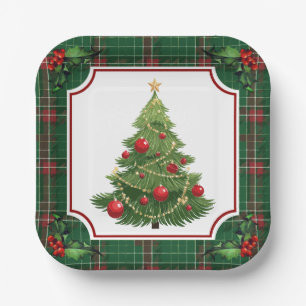Christmas Tree Green Plaid with Holly Paper Plate
