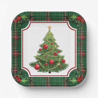 Christmas Tree Green Plaid with Holly Paper Plate