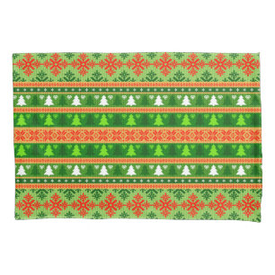 CHRISTMAS TREE GREEN WHITE RED ORNAMENTS PILLOWCASE