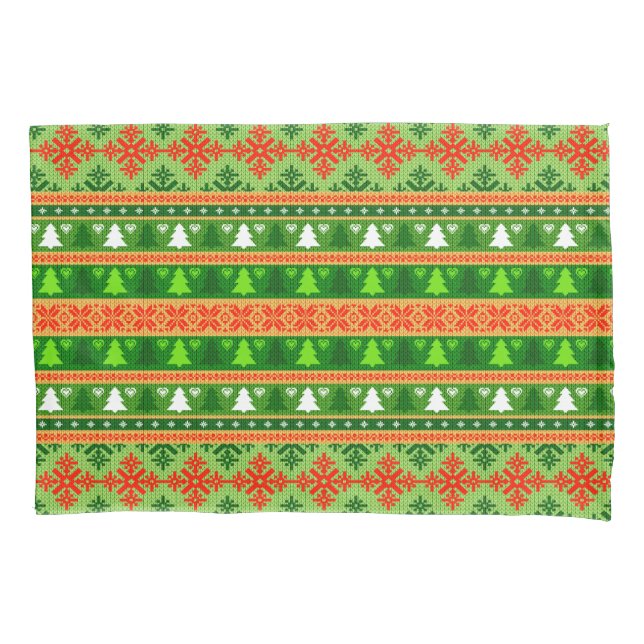 CHRISTMAS TREE GREEN WHITE RED ORNAMENTS  PILLOWCASE (Front)