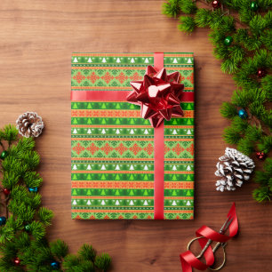 CHRISTMAS TREE GREEN WHITE RED ORNAMENTS  WRAPPING PAPER