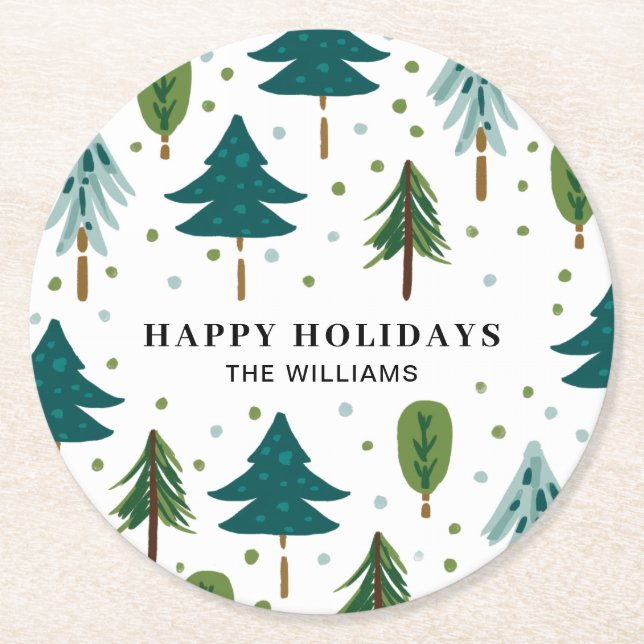 Christmas Tree Happy Holiday Round Paper Coaster (Front)