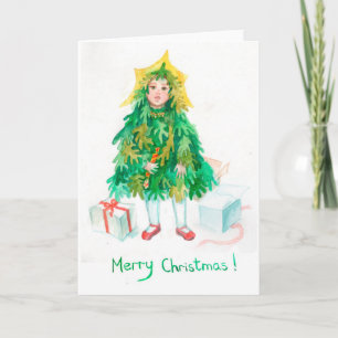 Christmas tree holiday greetings  cute little girl card