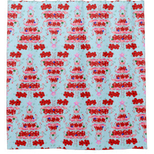Christmas Tree Holiday Santa Flamingos on Cool Blu Shower Curtain