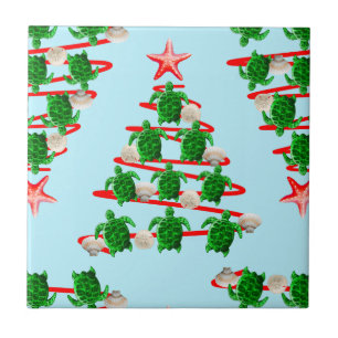 Christmas Tree Holiday Sea Turtles on Cool Blue Tile