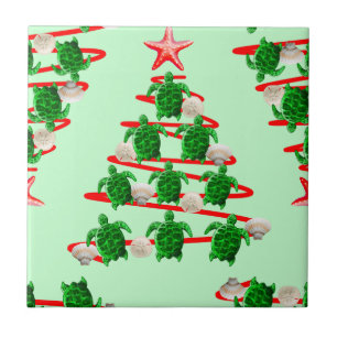 Christmas Tree Holiday Sea Turtles on Green Tile