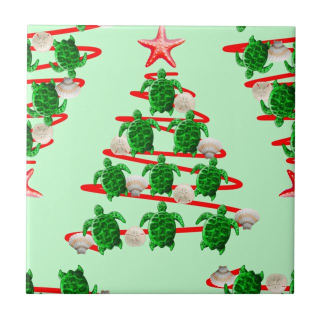 Christmas Tree Holiday Sea Turtles on Green Tile (Front)