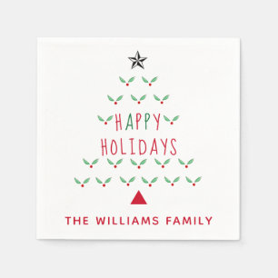 Christmas Tree Holly Happy Holidays Modern Napkin