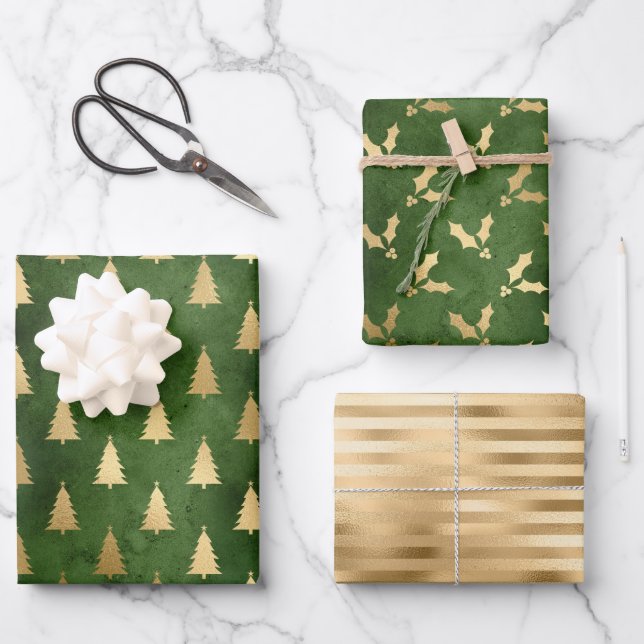 Christmas Tree Holly Patterns Green Gold Wrapping Paper Sheet (Front)
