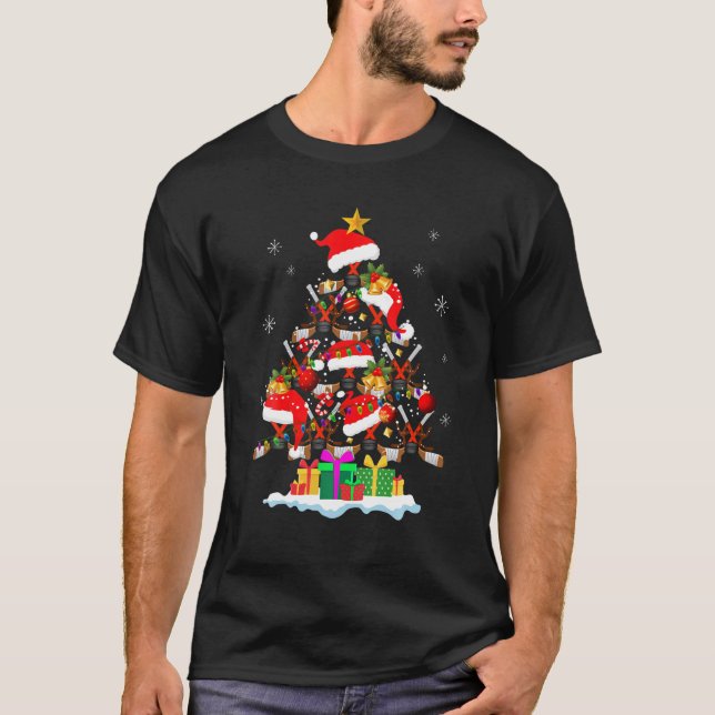Christmas Tree Ice Hockey Ball Santa Hat Funny Xma T-Shirt (Front)