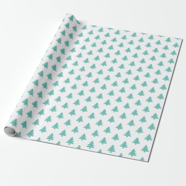 Christmas Tree Iconic Pattern Festive Teal/White Wrapping Paper (Unrolled)