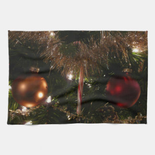 Christmas Tree II Holiday Red and Gold Tea Towel