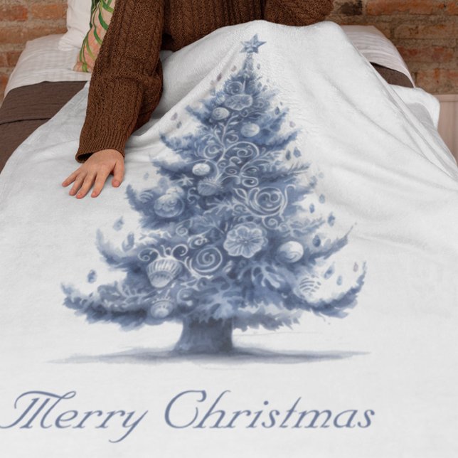 Christmas Tree in Delft Blue customisable Fleece Blanket (Creator Uploaded)