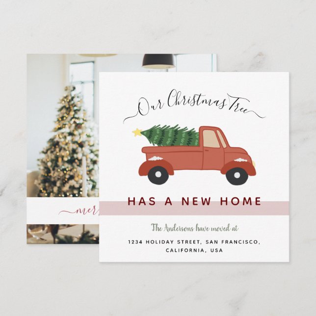 Christmas Tree in Red Car Family Photo Moving Announcement (Front/Back)