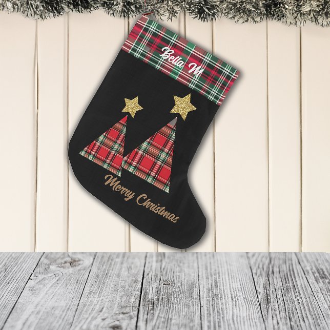 Christmas Tree in Red Plaid Gold Star Large Christmas Stocking (Creator Uploaded)