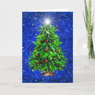 Christmas Tree in Snow - Blue background Thank You Card