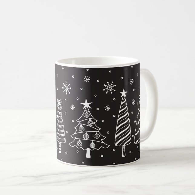 Christmas Tree in Snow Chalk Board Black and White Coffee Mug (Front Right)