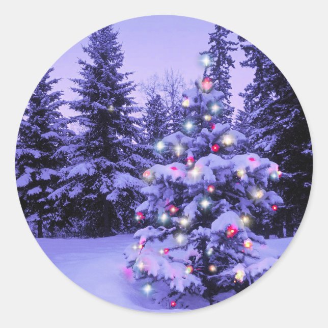 Christmas Tree in the Forest Classic Round Sticker (Front)