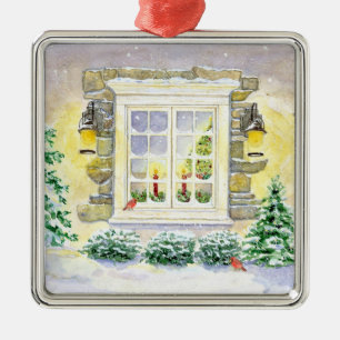 Christmas Tree in the Window w Cardinals Ornament