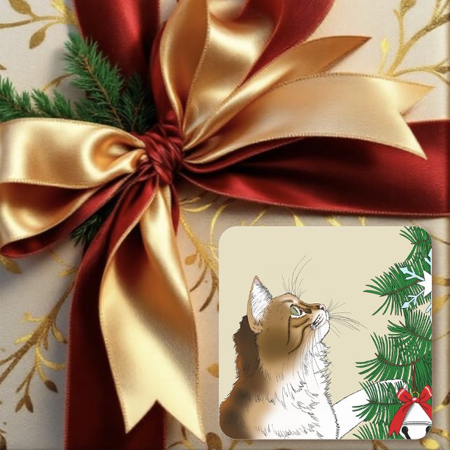 Christmas Tree Inspection Funny Calico Cat Holiday Square Sticker (Creator Uploaded)