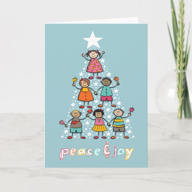 Christmas Tree Kids Peace & Joy Fun Holiday Card (Front)