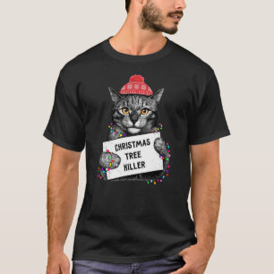 Christmas Tree Killer Cat Christmas Hat Funny Cat T-Shirt