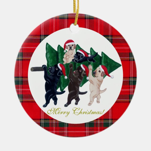 Christmas Tree Labradors Painting Ceramic Tree Decoration (Front)