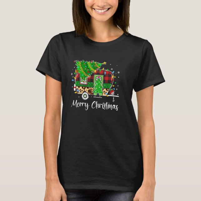 Christmas Tree Leopard Camping Trailer Merry Chris T-Shirt (Front)