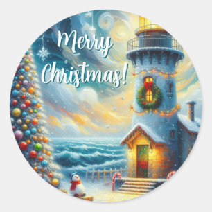 Christmas Tree Lighthouse Nautical Coastal Blue Classic Round Sticker