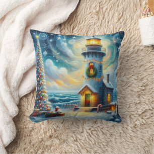 Christmas Tree Lighthouse Nautical Coastal Blue Cushion