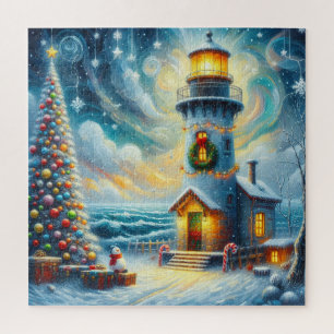 Christmas Tree Lighthouse Nautical Coastal Blue Jigsaw Puzzle