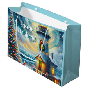 Christmas Tree Lighthouse Nautical Coastal Blue Large Gift Bag